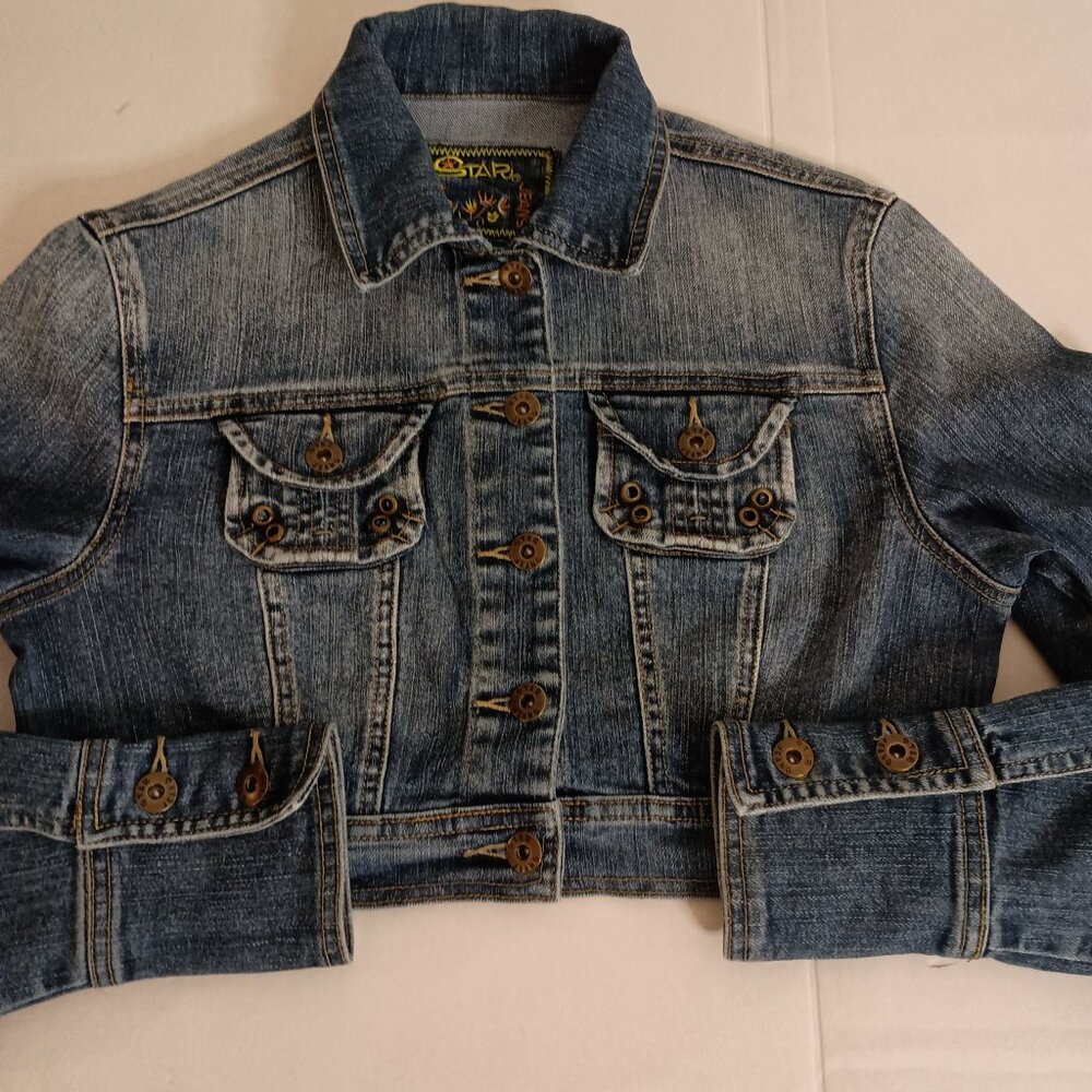 Star Jeans Jacket Y2K Cropped Denim Blue Button Pockets Women's Size S - Picture 16 of 16